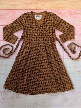 Effie’s Heart Pear Print Dress | Brown Jersey Knit Midi with Tie Waist XL